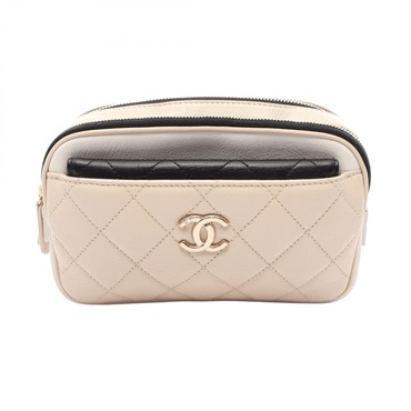 CHANEL Matelasse Waist Belt Bum Bag leather Beige White Black GHW Used Coco CC