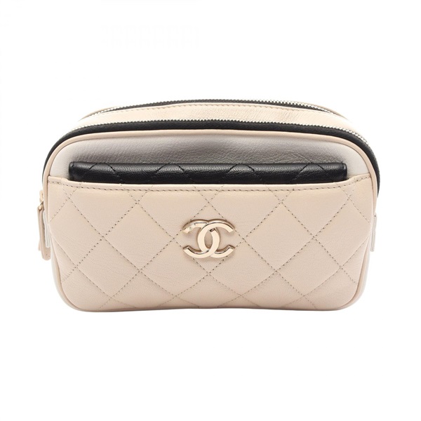 CHANEL Matelasse Waist Belt Bum Bag leather Beige White Black GHW Used Coco CC