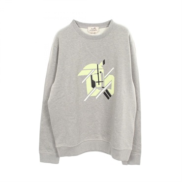 HERMES Leather Patch Sweatshirt Long sleeved cotton Gray Yellow Used mens size M