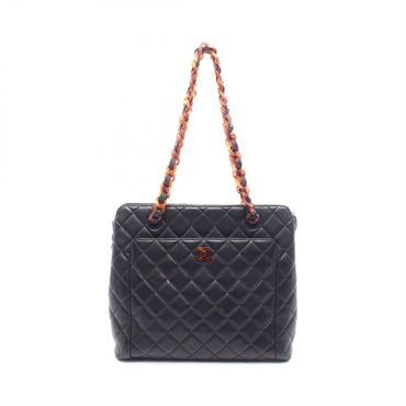 CHANEL Matelasse Plat Tote chain shoulder hand Bag Lambskin Black Used Women