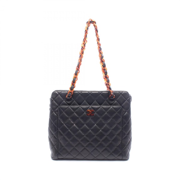 CHANEL Matelasse Plat Tote chain shoulder hand Bag Lambskin Black Used Women