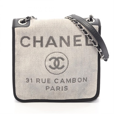 CHANEL Deauville chain Shoulder Bag canvas leather Gray Black Used Women SHW