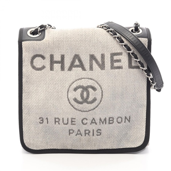 CHANEL Deauville chain Shoulder Bag canvas leather Gray Black Used Women SHW