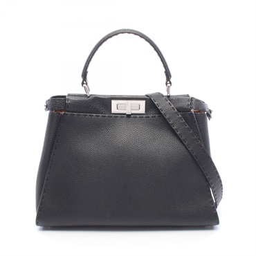 FENDI Peekaboo Regular Selleria Shoulder Crossbody Handbag leather Black Used