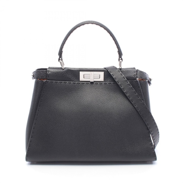 FENDI Peekaboo Regular Selleria Shoulder Crossbody Handbag leather Black Used