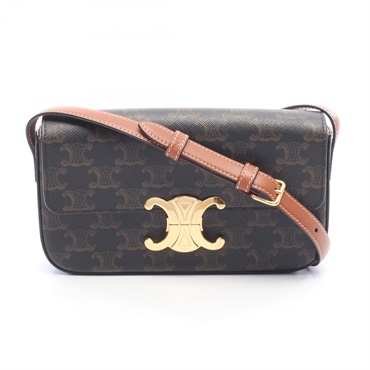 CELINE Claude Triomphe Shoulder Bag PVC coated canvas leather Black Brown Used