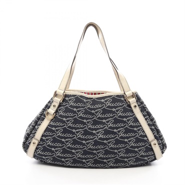 GUCCI Abbey Shoulder Toe Bag 130736 canvas leather Navy White Used Women