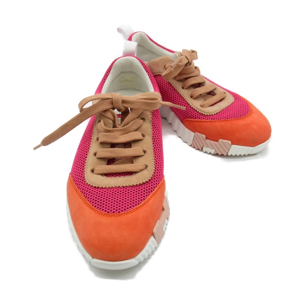 HERMES sneakers shoes flat canvas Pink Orange Used Women size 35.5