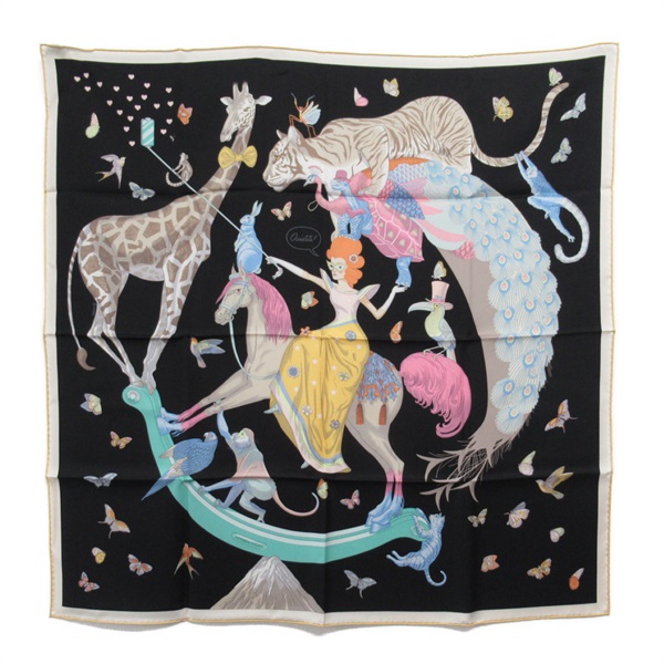 HERMES Carre90 Hermes Story Scalf silk Black Used Women