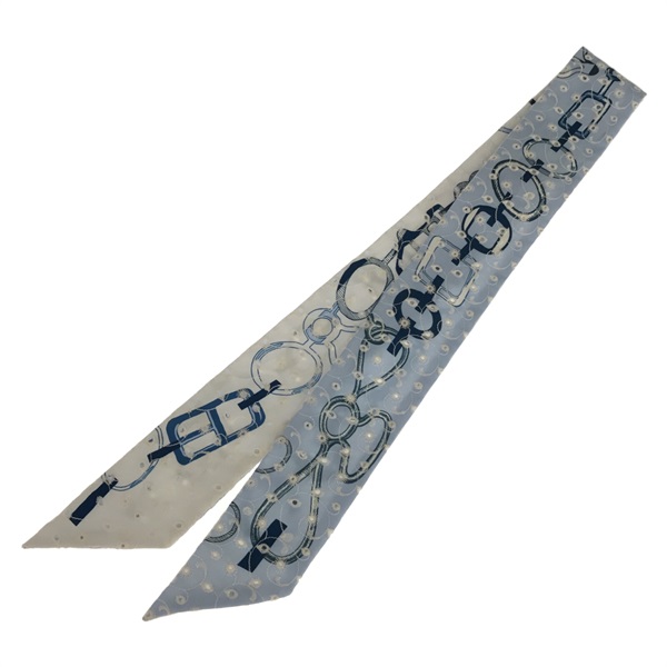 HERMES Do Re Boucles Broderie Anglaise Twilly Embroidery Scalf silk Blue Used