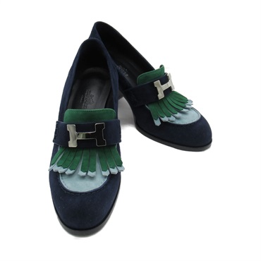 HERMES elysee 70 pumps ＃35 heels shoes Suede Navy Green Used