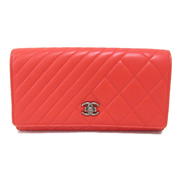 CHANEL Bifold Long Wallet purse 20805318 Lambskin leather Red SHW Used