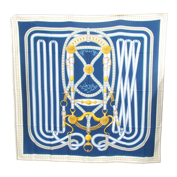 HERMES Carre Geant Stole cashmere silk White Blue yellow Used Women