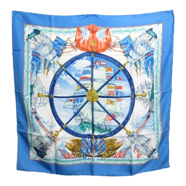 HERMES Scarf silk Blue white Used Women