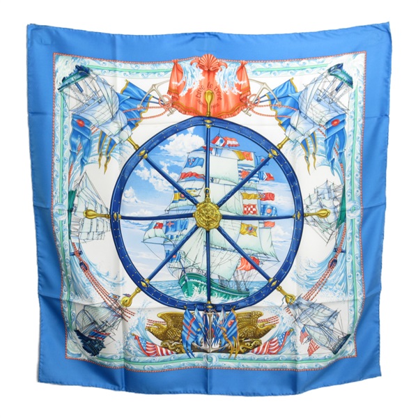 HERMES Scarf silk Blue white Used Women