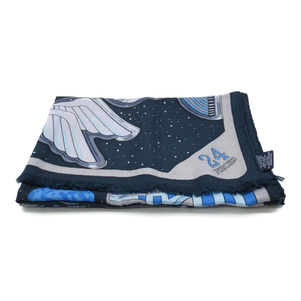 HERMES Rectangle Cosmic Horse Scarf cashmere silk Navy Used Women