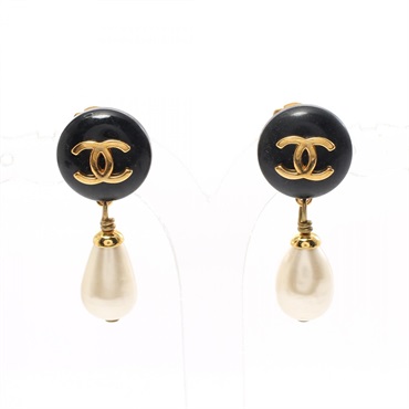 CHANEL COCO Mark Earring Gold Plated artifivial pearl Black Gold White Used CC