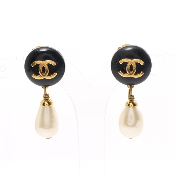 CHANEL COCO Mark Earring Gold Plated artifivial pearl Black Gold White Used CC