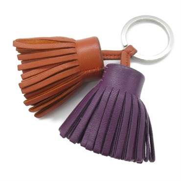 HERMES Carmen Unodos Key chain ring tassels Agneau milo Brown Purple Used SHW