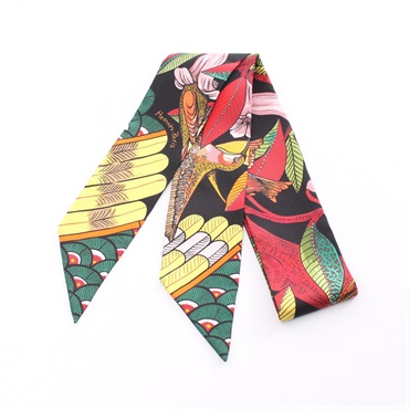 HERMES Twilly Tree of song ribbon Scalf silk Black Muticolor Used Women