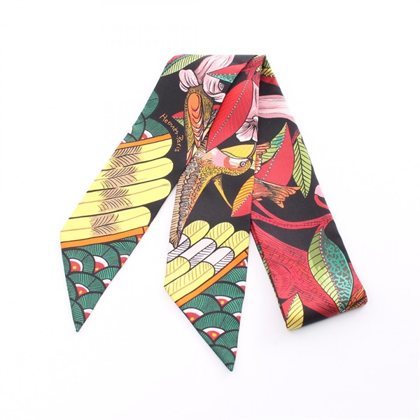HERMES Twilly Tree of song ribbon Scalf silk Black Muticolor Used Women