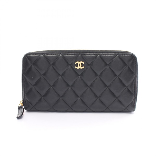 CHANEL CC Matelasse Round long wallet Purse lamb Leather Black Used Women Coco