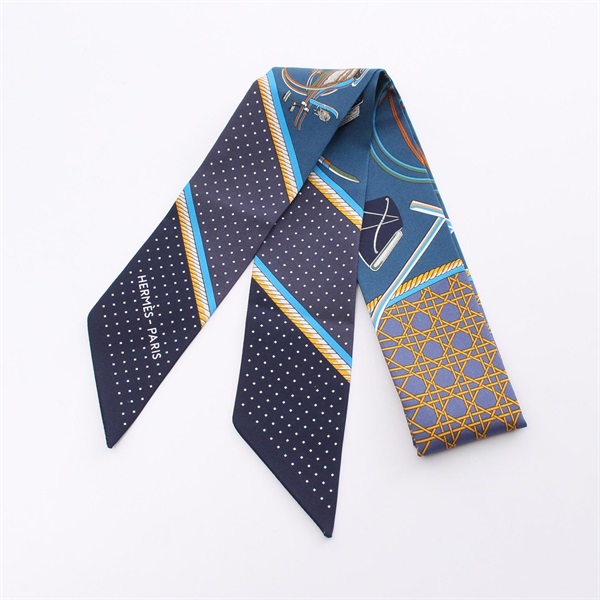 HERMES Twilly LES VOITURES A TRANSFORMATION Ribbon Scalf silk Navy Muticolor