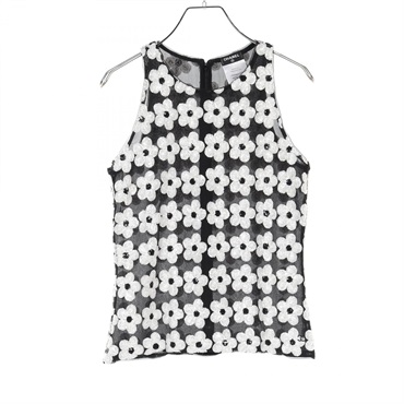 CHANEL blouse #34 sleeveless tops flowers P51048V37997 silk polyester Black Used