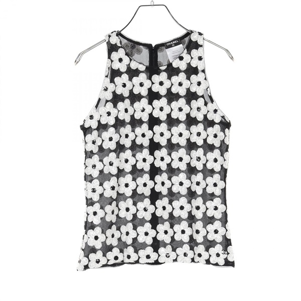 CHANEL blouse #34 sleeveless tops flowers P51048V37997 silk polyester Black Used