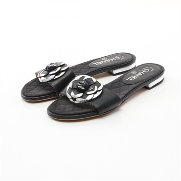 CHANEL Camelia Sandals G29154 leather Black Silver Used Women