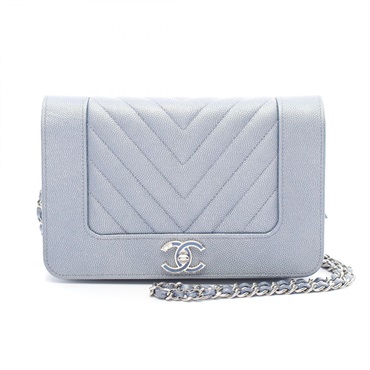 CHANEL V-Stitch Chevron chain Shoulder Bag Caviar Skin leather Blue Used Women
