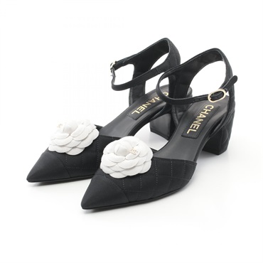 CHANEL CC Camelia pumps Heels Shoes G38365 Fabric Black Used Women Coco #37C