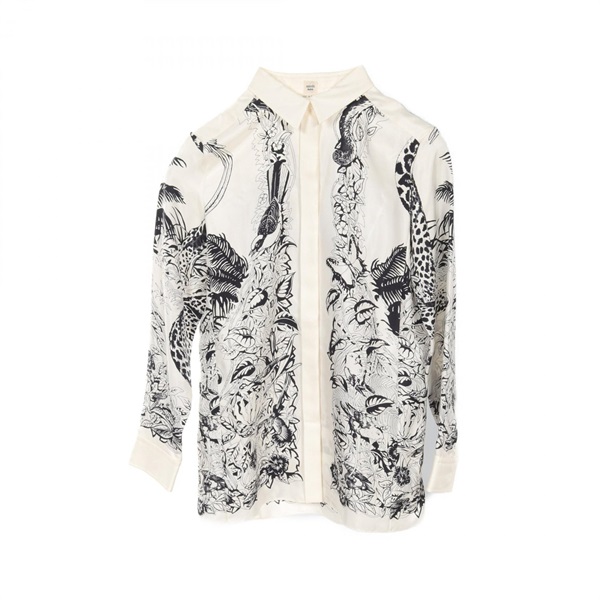 HERMES JUNGLE LOVE blouse silk White Black Used Women #34