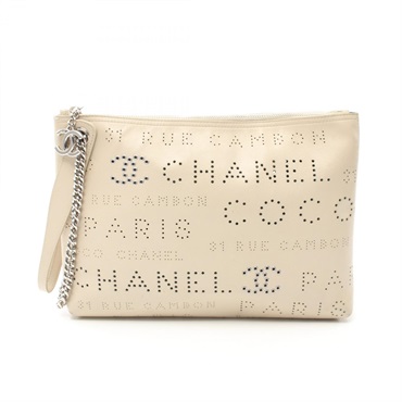 CHANEL punching Pouch Hand bag  leather Beige Used Women SHW CC Coco