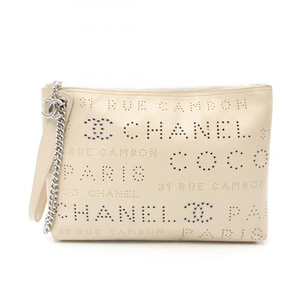 CHANEL punching Pouch Hand bag  leather Beige Used Women SHW CC Coco