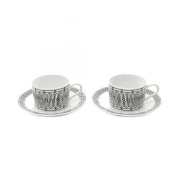 HERMES H Deco Tea cup and Saucer set Tableware porcelain White Black White
