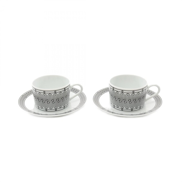HERMES H Deco Tea cup and Saucer set Tableware porcelain White Black White