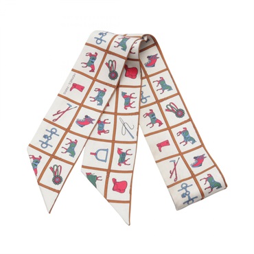 HERMES Twilly Couvertures et Tenues de Jour Scarf silk Beige Pink Blue Used