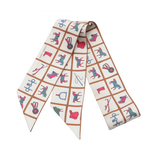 HERMES Twilly Couvertures et Tenues de Jour Scarf silk Beige Pink Blue Used