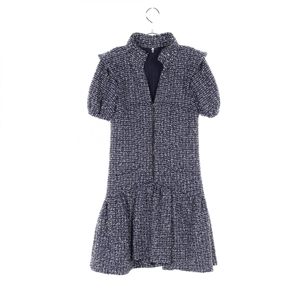 CHANEL Front zip Dress P51007V38054 cotton polyester Navy White Used Women