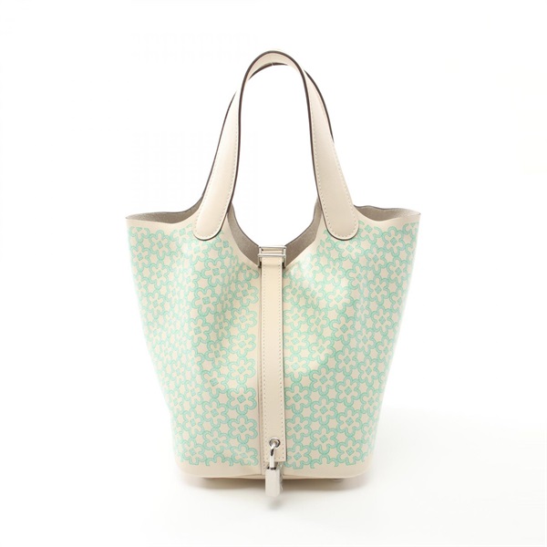 HERMES Picotin Lock PM Hand bag U Swift leather Beige Green Blue Nata Used SHW