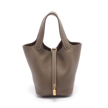 HERMES Picotin Lock PM Hand bag W Taurillon Clemence Etoupe Grey GHW