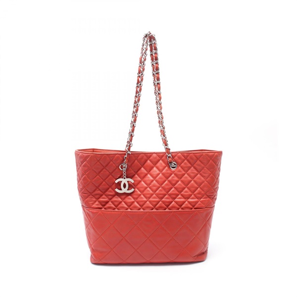 CHANEL Matelasse Chain shoulder Tote Bag leather Red Used Women SHW CC Coco
