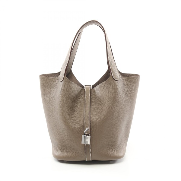 HERMES Picotin Lock MM Hand bag K Taurillon Clemence Etoupe Grey Used SHW
