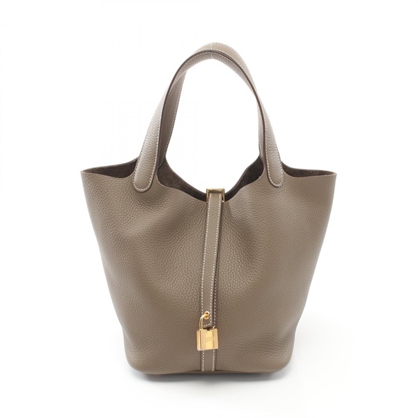 HERMES Picotin Lock MM Hand bag W Taurillon Clemence Etoupe Grey Used GHW