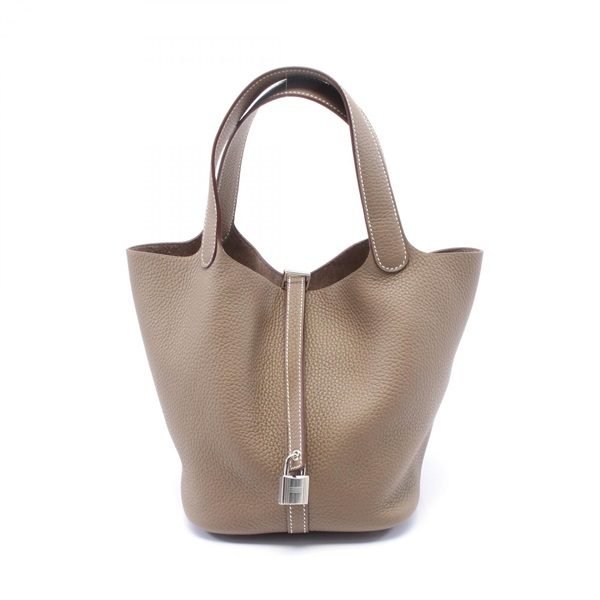 HERMES Picotin Lock MM Hand bag K Taurillon Clemence Etoupe Grey Used SHW