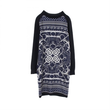 HERMES Dress #34 knitwear silk wool Navy White Used