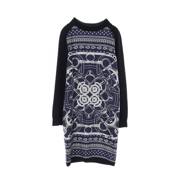 HERMES Dress #34 knitwear silk wool Navy White Used