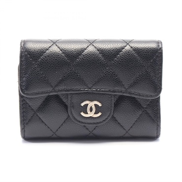 CHANEL Matelasse key holder case leather Grained calfskin Black Used Women GHW
