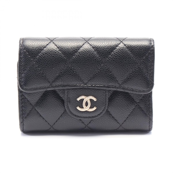 CHANEL Matelasse key holder case leather Grained calfskin Black Used Women GHW